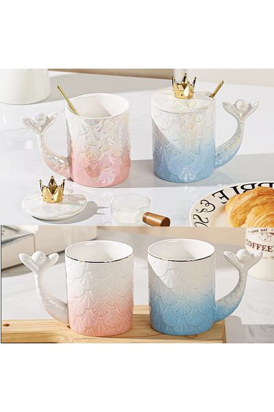 PUFO Cană ceramică Princess cu capac și linguriță pentru cafea sau ceai, 300 ml, albastră
