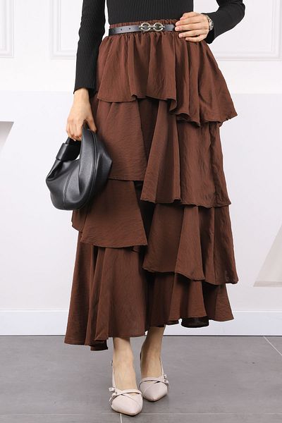 İmajButik Καφέ ελαστική μέση φούστα με ζώνη