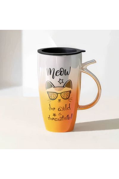 PUFO Tall ceramic mug with lid Pufo Wild & Beautiful, for coffee or tea, 450 ml