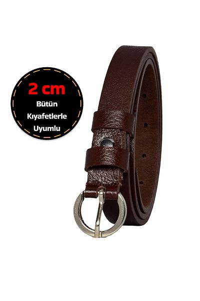GoDeri Dark Brown Thin 2 cm Women's Belt - 100% Genuine Leather, Silver Buckle; Dress and Pants Belt
