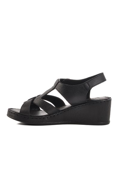 Voyager Black Genuine Leather Women's Wedge Heel Sandals