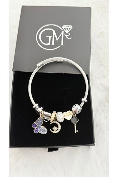 GM TAKI Ay Yıldızlı Kelebek ve Taç Charm Pndr Kadın Bileklik – Altın Gümüş Re...