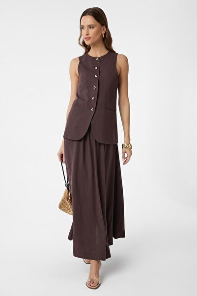 Antioch Brown Linen Blended Women's Long Vest