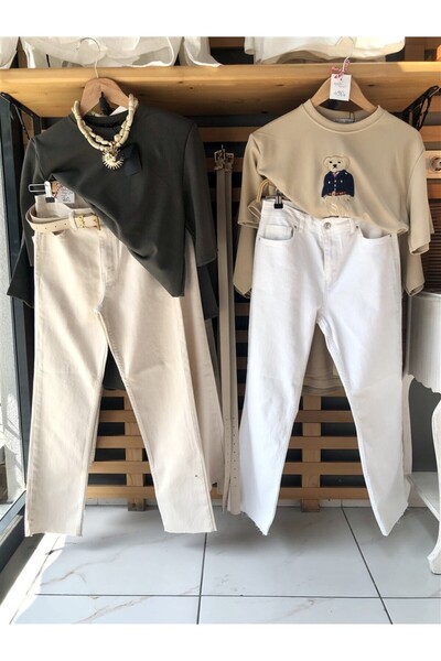 Gözde Tasarım Butik Women's Stone Color Vanilla Lycra Cut Leg Boat Fit Jean Summer Jeans Pants