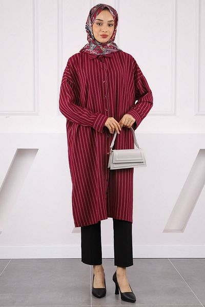 İmajButik Μπορντό ριγέ τουνίκ με σκίσιμο