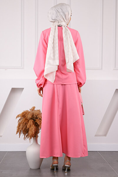 İmajButik Pink Bow Front Crepe Blouse Skirt Suit