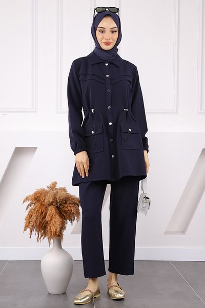 İmajButik Σετ παντελόνι τουνίκ με ελαστική μέση Navy Blue