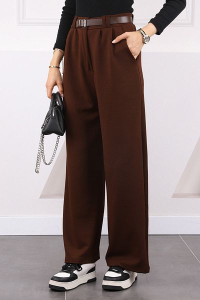 İmajButik Καφέ Διπλό Πλισέ Ζώνη Lycra Palazzo Παντελόνι