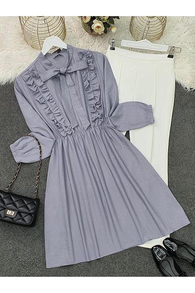 Modamorfo Ruffled Ayrobin Tunic with Lace-Up Collar - Light Gray
