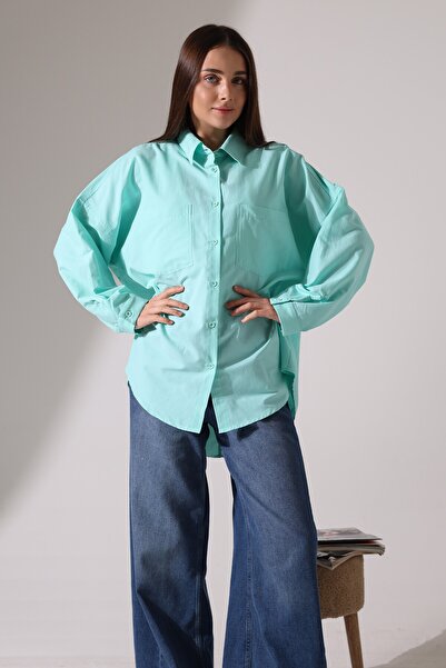 Corradeo Giyim New Season Poplin Fabric Double Pocket Oversize Turquoise Women's Tunic Shirt
