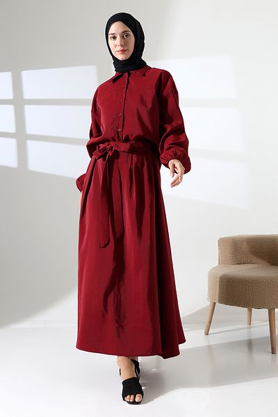 Mihran Butik Γυναικείο 100% βαμβακερό μπορντό πουκάμισο με φούστα Hijab