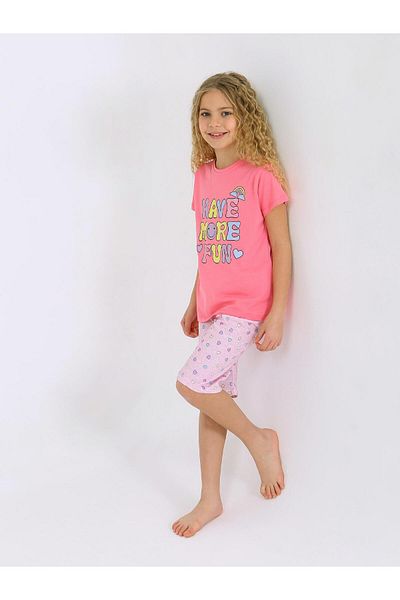 vitmo Girl's Short Sleeve Capri 100% Cotton Pajama Set More Fun