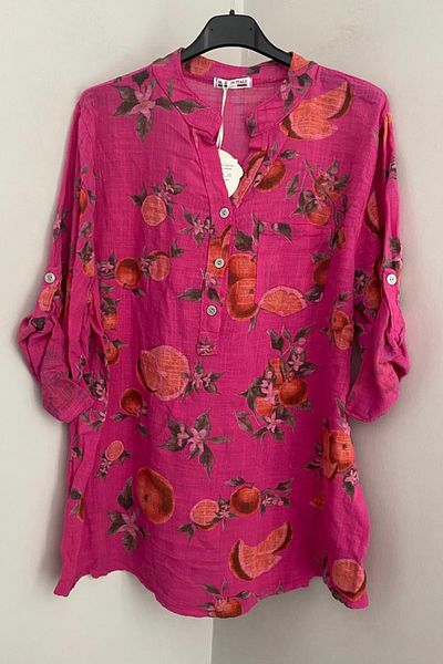 AYASOFYA OTANTIK Women's Italian Fuchsia Orange Patterned Button Detailed Folding Orphan Sleeves 100% Cotton Blouse Shirt