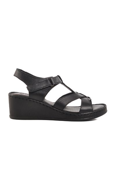 Voyager Black Genuine Leather Women's Wedge Heel Sandals