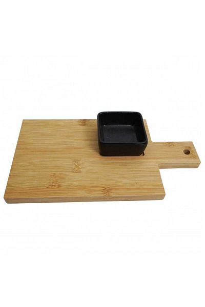 PUFO Bamboo wood kitchen chopping board with porcelain serving bowl, 26 x 14 cm