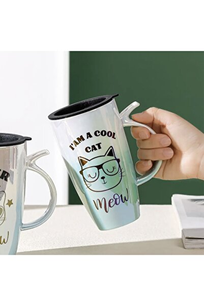PUFO Tall ceramic mug with lid Pufo Cool Cat, for coffee or tea, 450 ml