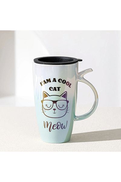 PUFO Cană înaltă din ceramică cu capac Pufo Cool Cat, pentru cafea sau ceai, 450 ml