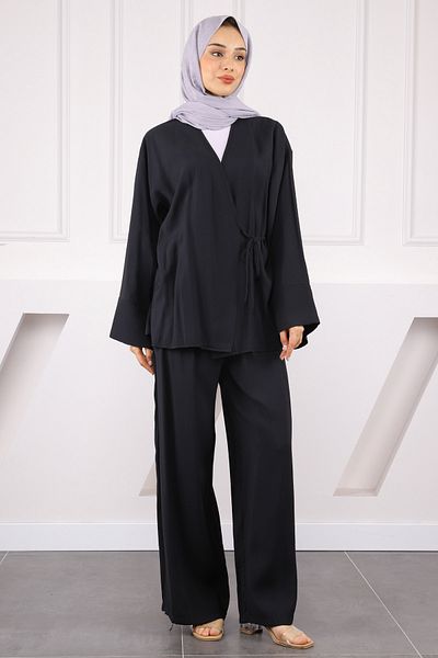 İmajButik Μαύρο κοστούμι δεμένο στη μέση Modal με παντελόνι κιμονό
