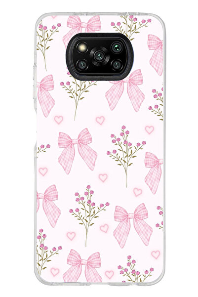 TechTree Poco X3 / NFC / PRO Uyumlu Pembe Çiçek ve Fiyonklar Şeffaf Silikon K...