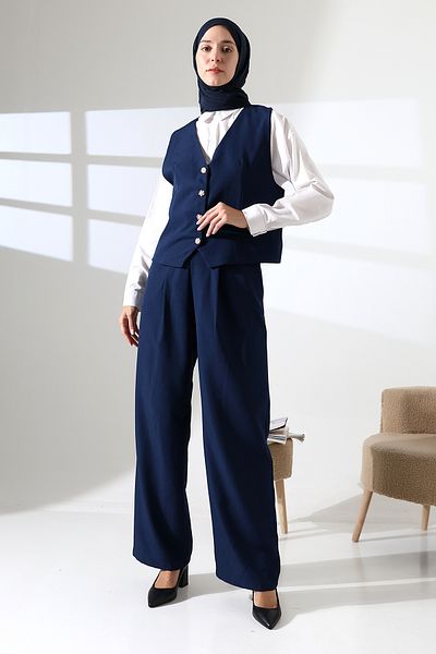 Mihran Butik Women's 100% Cotton Woven Navy Blue Vest Pants Hijab Suit