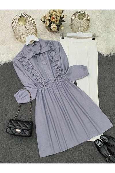 Modamorfo Ruffled Ayrobin Tunic with Lace-Up Collar - Light Gray