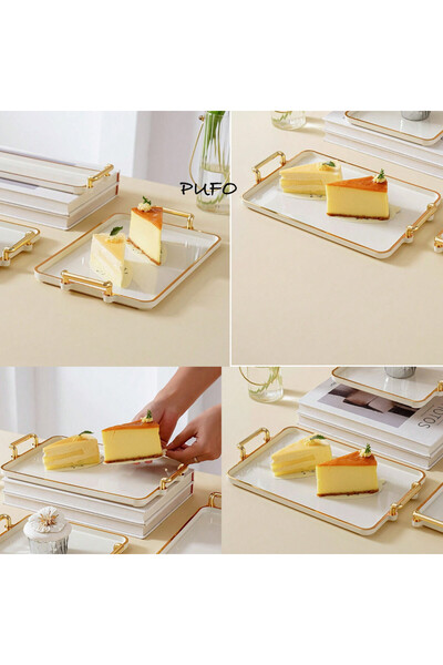 PUFO Tavă decorativă elegantă pentru servirea aperitivelor, prăjiturilor, fructelor, cu mânere rotunde, 37 cm, albă