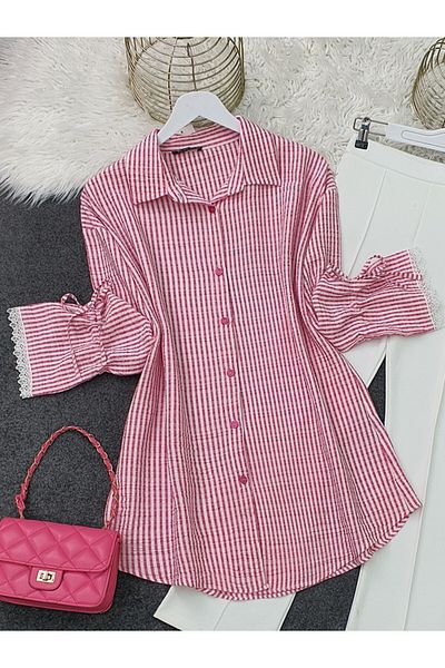 Modamorfo Lace-Up Striped Shirt with Lace Sleeves -Red