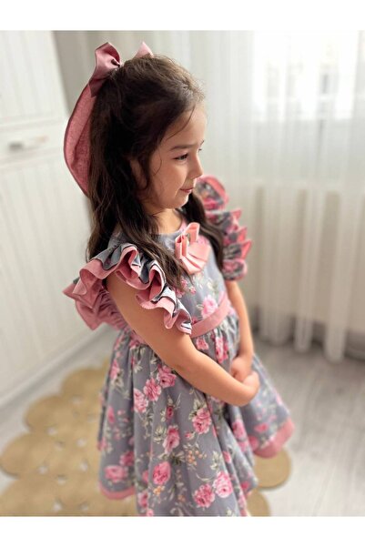 Sare Çocuk Giyim Pink Rose Printed Special Design Gray Cotton Fabric Children's Merasim Dress