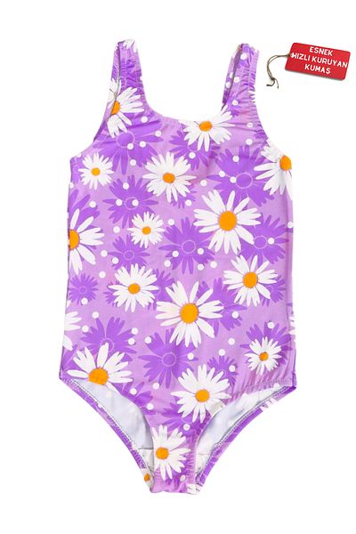 FırsatYeri Purple with White Daisies Girls' Swimsuit Comfortable Stretchy Quick Dry Bikini Sea Pool Beach Swimwear 2-11 Years