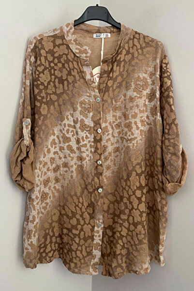 AYASOFYA OTANTIK Дамска италианска блуза с капучино батик леопардов принт и с...