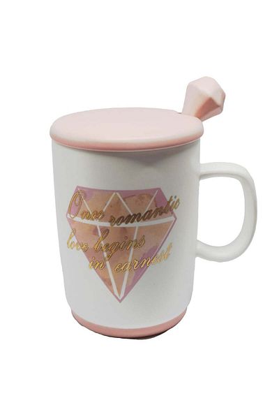 PUFO Cană ceramică cu capac și linguriță Pufo Romantic Love pentru cafea sau ceai, 350 ml