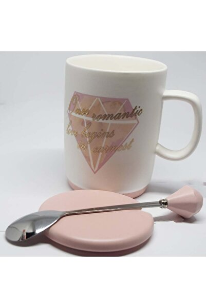 PUFO Ceramic mug with lid and spoon Pufo Romantic Love for coffee or tea, 350 ml