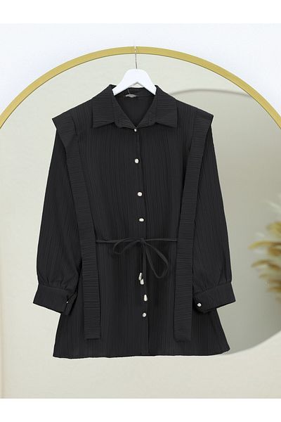 Modamorfo Pearl Buttoned Crinkle Shirt with Tied Shoulders and Waist - Black