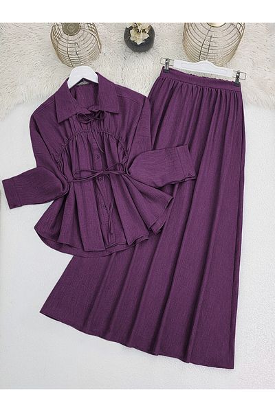 Modamorfo Suit with Tie-Up Collar and Waist Skirt - Plum
