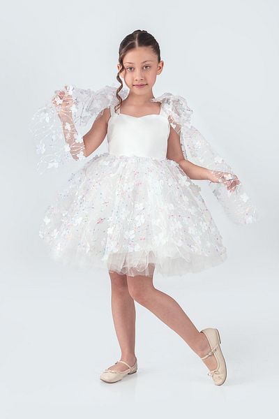 ABİYEKİDS White Flower Detailed Luxury Children's White Evening Dress Aby214