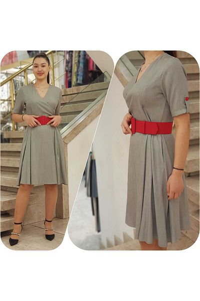 Plenty "V-Neck Linen Dress with Belt Detail Stylish and Comfortable Design"