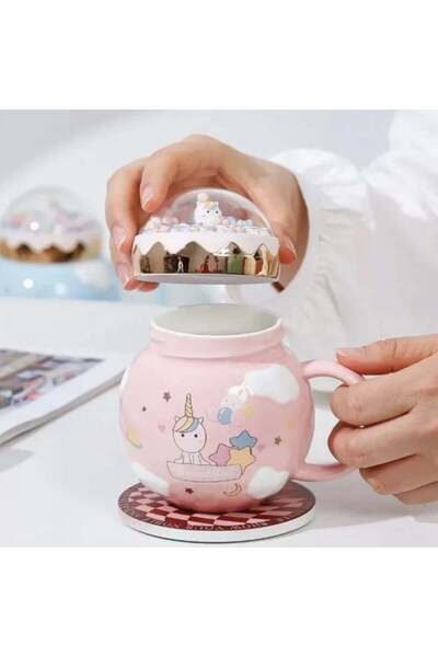 PUFO Unicorn World ceramic mug with lid for coffee or tea, 400 ml, pink