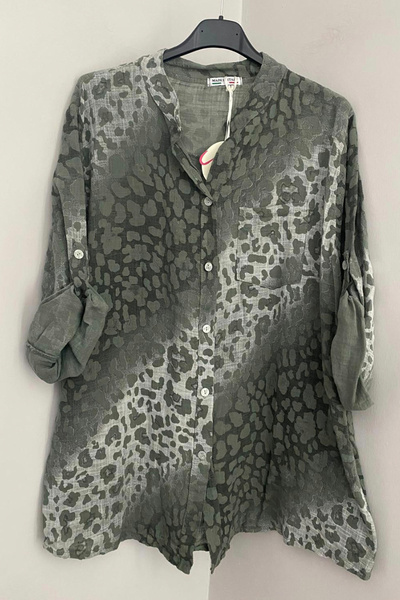 AYASOFYA OTANTIK Дамска италианска каки блуза с леопардов принт, сгънати манш...