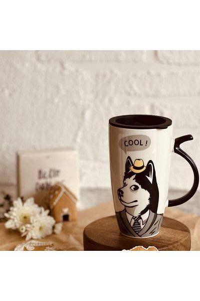 PUFO Cană înaltă din ceramică, tip business, cu capac, pentru cafea sau ceai, 450 ml
