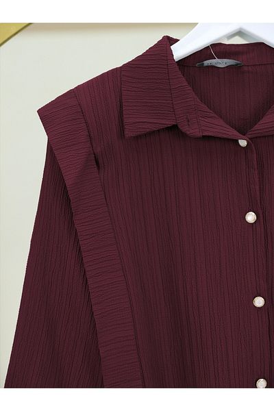 Modamorfo Cămașă Crinkle cu nasturi perle și cravată pe umeri și talie - Burgundy
