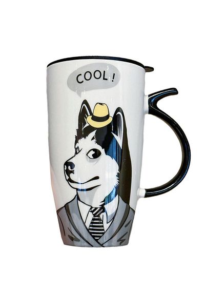PUFO Cană înaltă din ceramică, tip business, cu capac, pentru cafea sau ceai, 450 ml