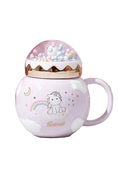 PUFO Unicorn World ceramic mug with lid for coffee or tea, 400 ml, purple