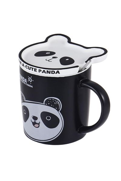 PUFO Cană ceramică Happy Panda cu capac și linguriță pentru cafea sau ceai, 300 ml