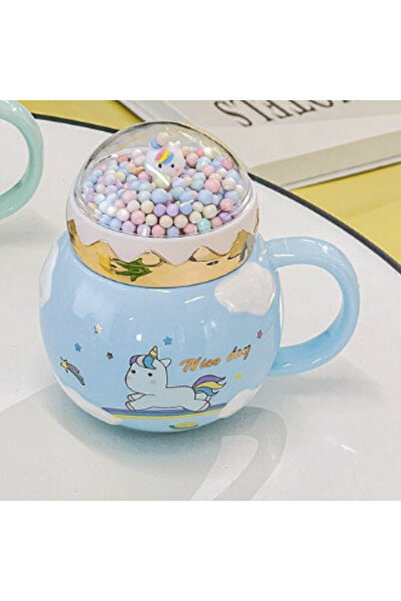 PUFO Unicorn World ceramic mug with lid for coffee or tea, 400 ml, blue