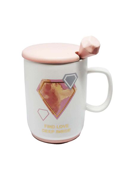PUFO Cană ceramică Find Love cu capac și linguriță pentru cafea sau ceai, 350 ml