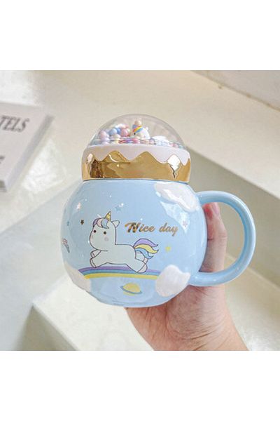 PUFO Cană ceramică Unicorn World cu capac pentru cafea sau ceai, 400 ml, albastră
