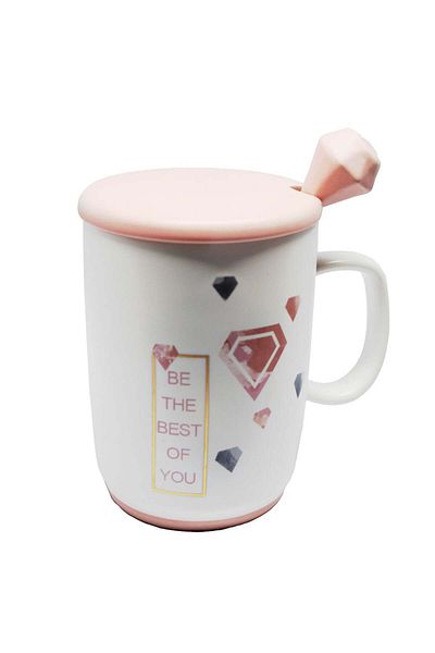 PUFO Cană ceramică Best of You cu capac și linguriță pentru cafea sau ceai, 350 ml