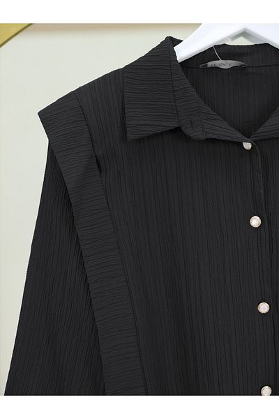 Modamorfo Pearl Buttoned Crinkle Shirt with Tied Shoulders and Waist - Black