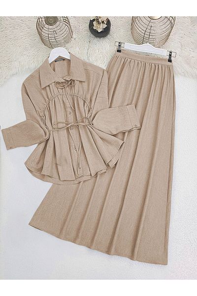 Modamorfo Suit with Tie-Up Collar and Waist Skirt - Mink