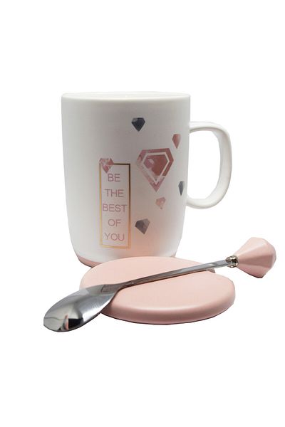 PUFO Cană ceramică Best of You cu capac și linguriță pentru cafea sau ceai, 350 ml